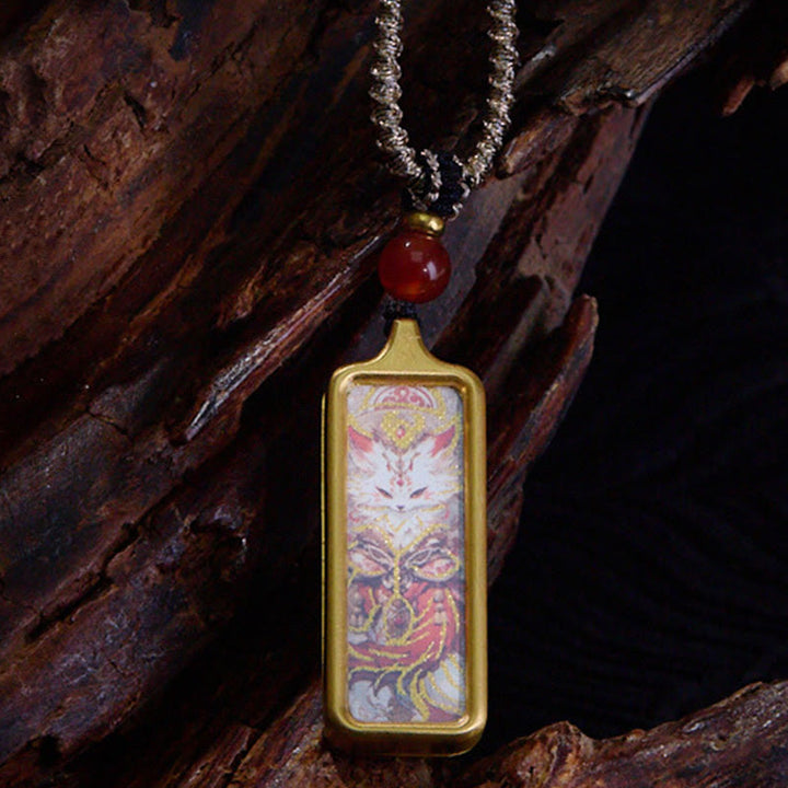 Collana con ciondolo Thangka Calma dipinta a mano, Buddha Stones Tibet Zakiram, Dio Giallo della Ricchezza, Volpe a Nove Code