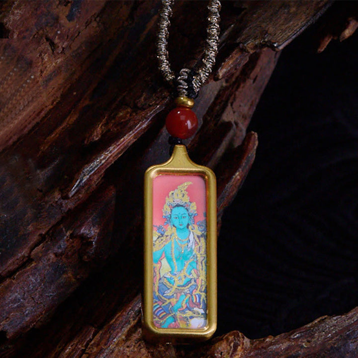 Collana con ciondolo Thangka Calma dipinta a mano, Buddha Stones Tibet Zakiram, Dio Giallo della Ricchezza, Volpe a Nove Code