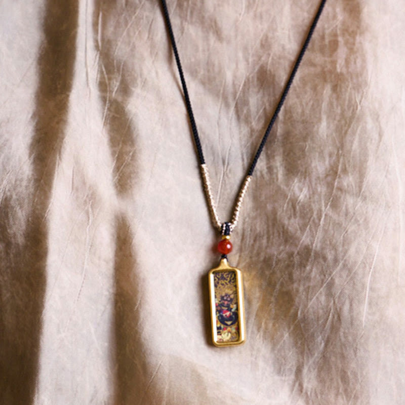 Collana con ciondolo Thangka Calma dipinta a mano, Buddha Stones Tibet Zakiram, Dio Giallo della Ricchezza, Volpe a Nove Code