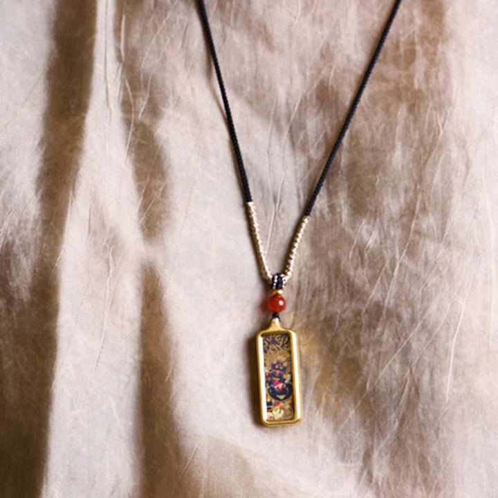 Collana con ciondolo Thangka Calma dipinta a mano, Buddha Stones Tibet Zakiram, Dio Giallo della Ricchezza, Volpe a Nove Code