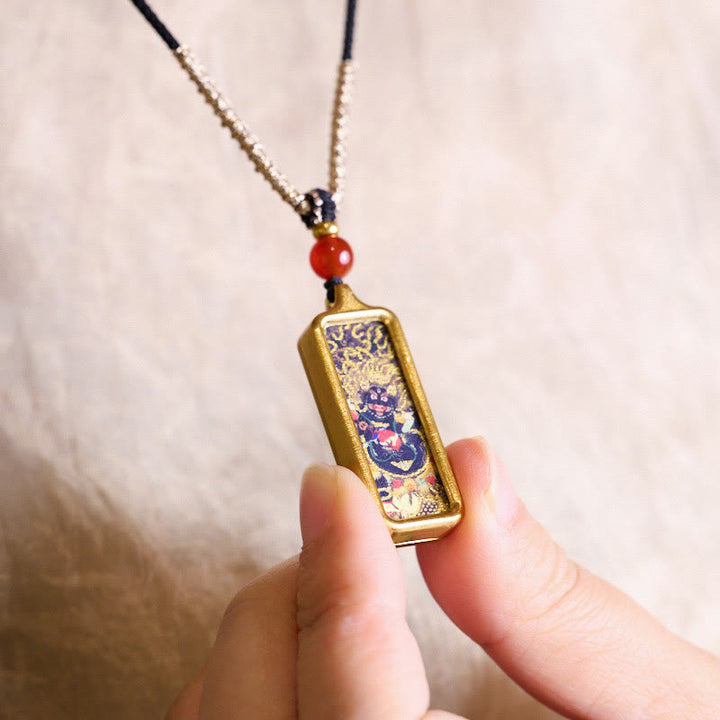 Collana con ciondolo Thangka Calma dipinta a mano, Buddha Stones Tibet Zakiram, Dio Giallo della Ricchezza, Volpe a Nove Code