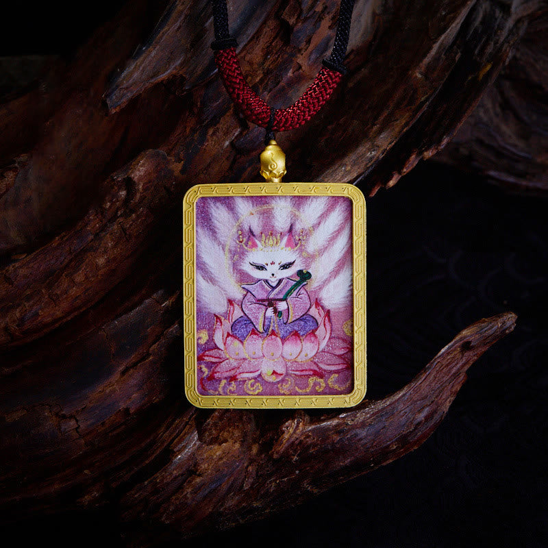 Buddha Stones, ciondolo con collana di Thangka dipinto a mano, ciondolo con zakiram tibetano, volpe a nove code, dio giallo della ricchezza - Volpe a nove code - image 2