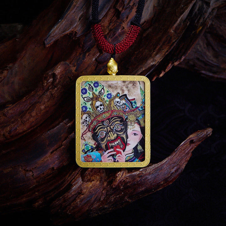 Buddha Stones, ciondolo con collana di Thangka dipinto a mano, ciondolo con zakiram tibetano, volpe a nove code, dio giallo della ricchezza - Vita passata e presente - image 6