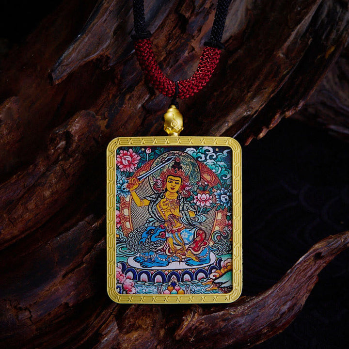 Buddha Stones, ciondolo con collana di Thangka dipinto a mano, ciondolo con zakiram tibetano, volpe a nove code, dio giallo della ricchezza - Manjusri - image 9