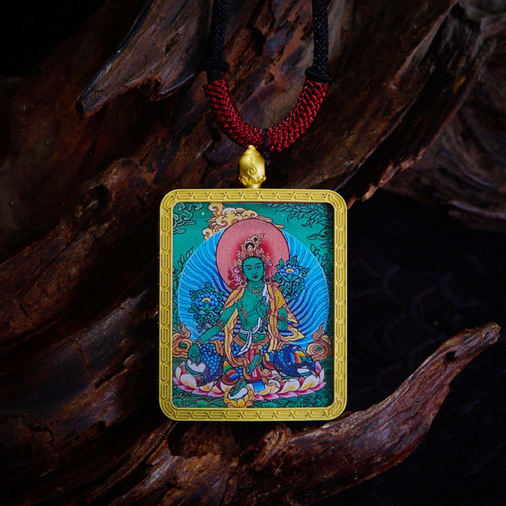 Buddha Stones, ciondolo con collana di Thangka dipinto a mano, ciondolo con zakiram tibetano, volpe a nove code, dio giallo della ricchezza - Tara verde - image 12
