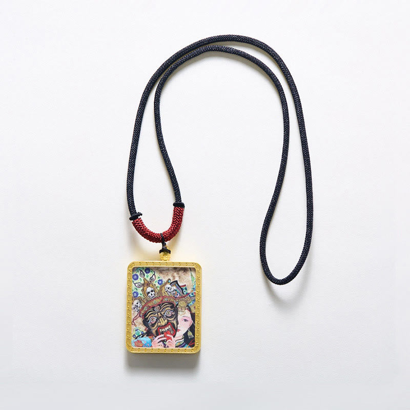 Buddha Stones, ciondolo con collana di Thangka dipinto a mano, ciondolo con zakiram tibetano, volpe a nove code, dio giallo della ricchezza - image 8