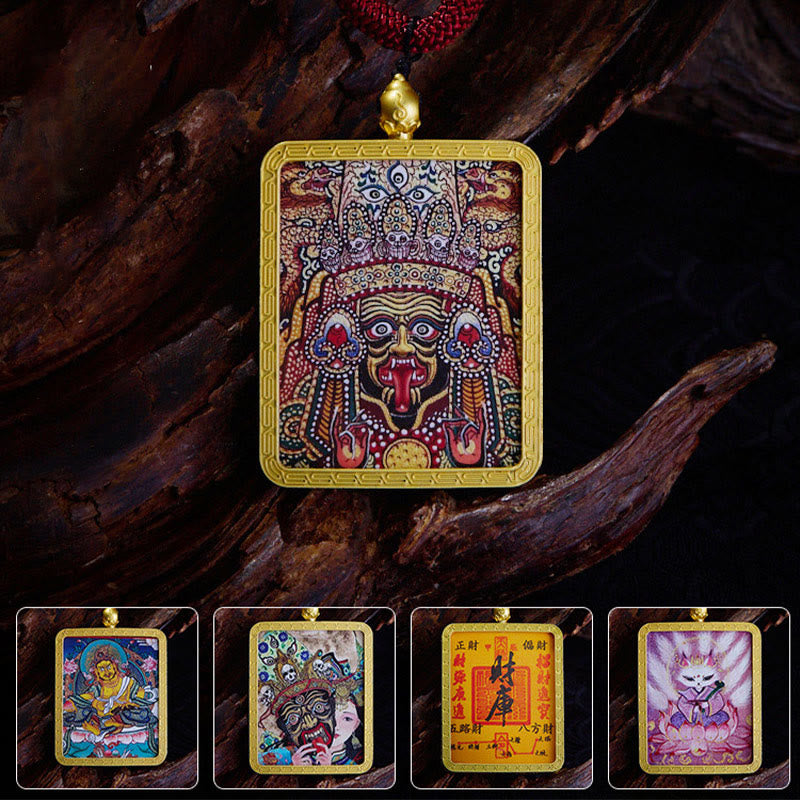 Buddha Stones, ciondolo con collana di Thangka dipinto a mano, ciondolo con zakiram tibetano, volpe a nove code, dio giallo della ricchezza - image 1
