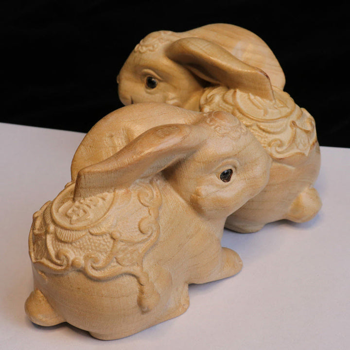 Buddha Stones Anno del serpente Zodiaco cinese Fu carattere Decorazione della statua della casa in legno di pesco - Un personaggio Fu Coniglio - Altezza 11,5 cm - image 19