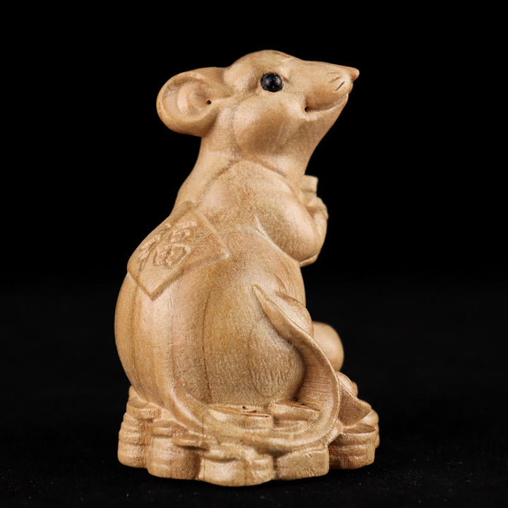 Buddha Stones Anno del serpente Zodiaco cinese Fu carattere Decorazione della statua della casa in legno di pesco - Fu Personaggio Ratto - Altezza 11,5 cm - image 6