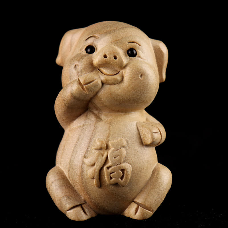 Buddha Stones Anno del serpente Zodiaco cinese Fu carattere Decorazione della statua della casa in legno di pesco - Fu personaggio maiale - Altezza 11,5 cm - image 32