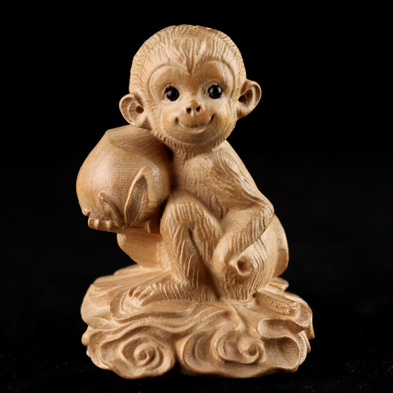 Buddha Stones Anno del serpente Zodiaco cinese Fu carattere Decorazione della statua della casa in legno di pesco - Scimmia Pesca (orientamento casuale a sinistra/destra) - Altezza 11,5 cm - image 25