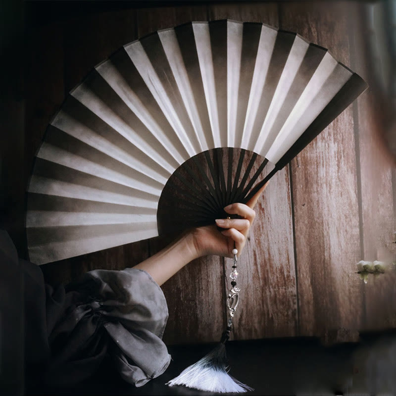 Buddha Stones Ventaglio pieghevole in bambù con carta di riso e inchiostro bianco e nero - image 2