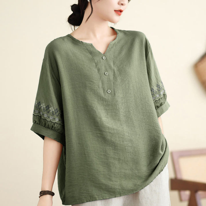 Maglietta in cotone e lino con ricamo vintage a mezza manica Buddha Stones - Verde Mare Scuro - US4, UK/AU8, EU36-38 (F) - image 0
