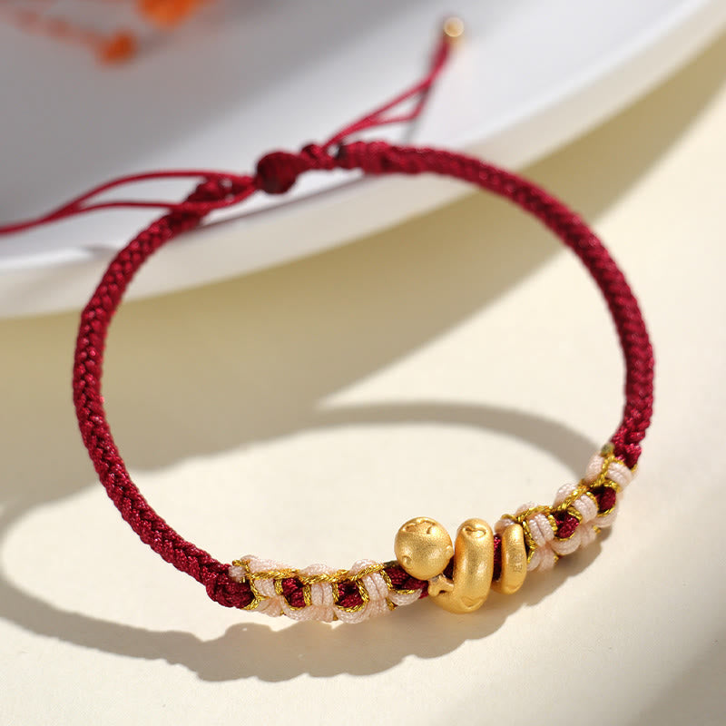 Braccialetto della fortuna con cuore rosso in corda di pesco Buddha Stones in argento sterling 999 fatto a mano Anno del serpente