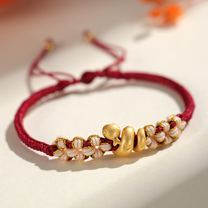 Braccialetto della fortuna con cuore rosso in corda di pesco Buddha Stones in argento sterling 999 fatto a mano Anno del serpente