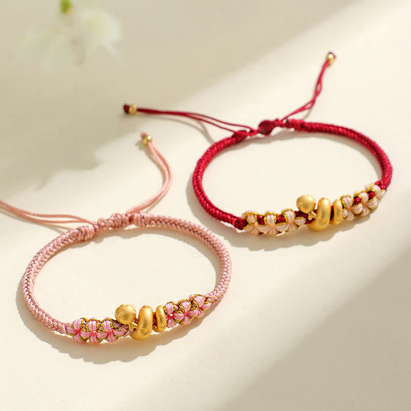 Braccialetto della fortuna con cuore rosso in corda di pesco Buddha Stones in argento sterling 999 fatto a mano Anno del serpente