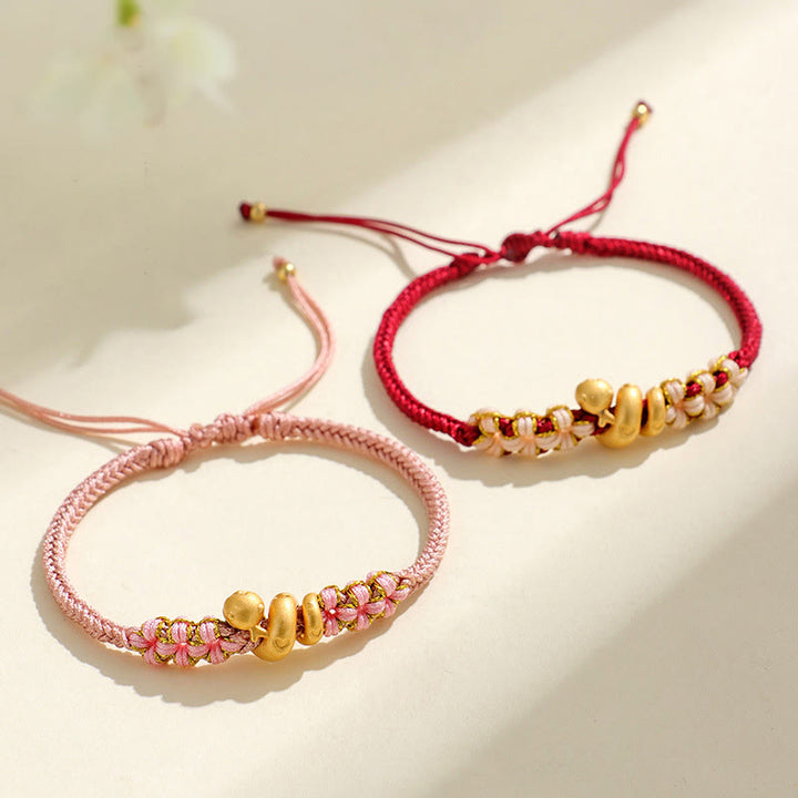 Braccialetto della fortuna con cuore rosso in corda di pesco Buddha Stones in argento sterling 999 fatto a mano Anno del serpente