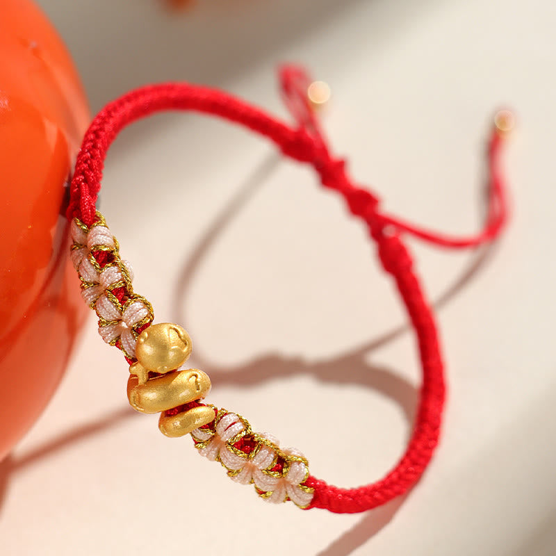 Braccialetto della fortuna con cuore rosso in corda di pesco Buddha Stones in argento sterling 999 fatto a mano Anno del serpente