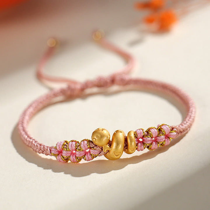 Braccialetto della fortuna con cuore rosso in corda di pesco Buddha Stones in argento sterling 999 fatto a mano Anno del serpente