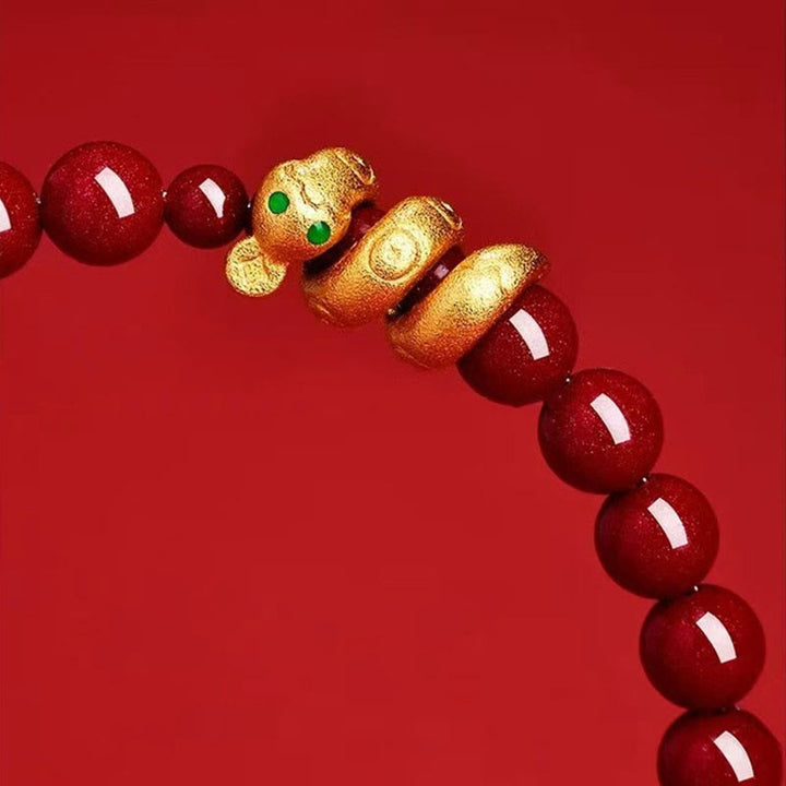 Braccialetto di benedizione dell'anno del serpente in giada di Hetian, perle di cinabro Buddha Stones