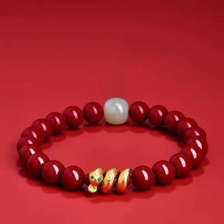 Braccialetto di benedizione dell'anno del serpente in giada di Hetian, perle di cinabro Buddha Stones