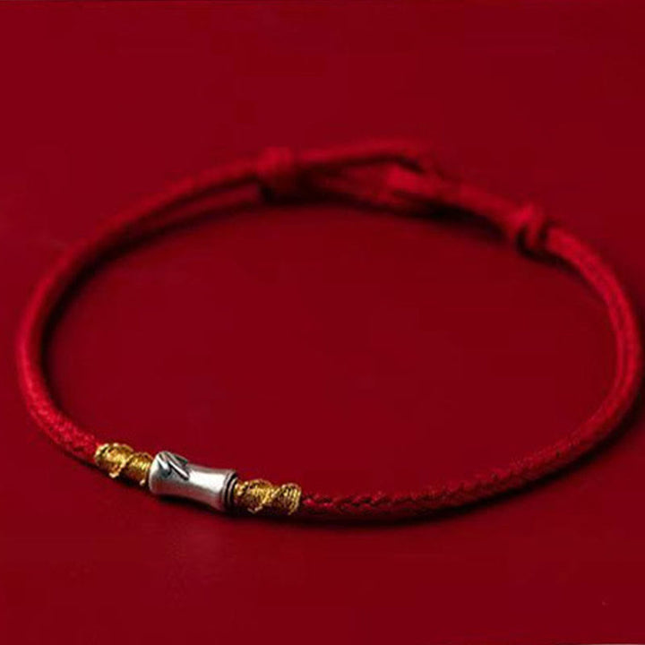 Braccialetto intrecciato con corda rossa portafortuna in argento sterling 925 fatto a mano con motivo in bambù , Buddha Stones