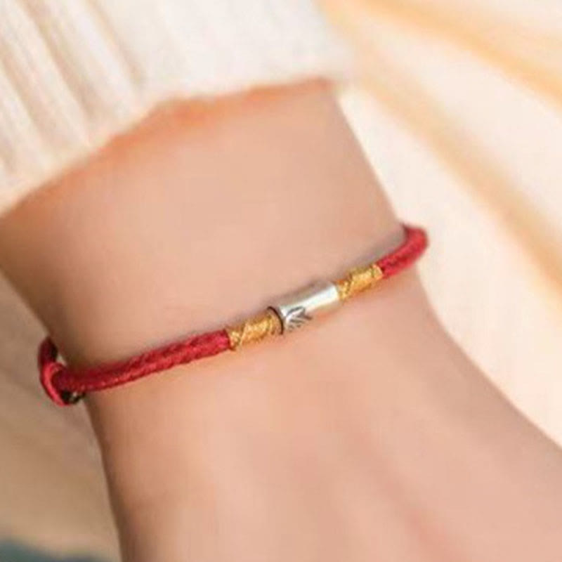 Braccialetto intrecciato con corda rossa portafortuna in argento sterling 925 fatto a mano con motivo in bambù , Buddha Stones