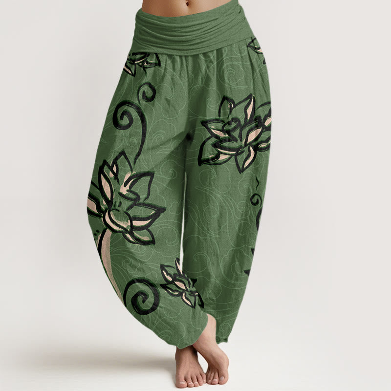 Pantaloni harem da donna con elastico in vita, in cotone, casual, motivo: Buddha Stones Lotus e nuvole di buon auspicio - Verdemare medio - US22, UK/AU26, EU54 (6XL) - image 0