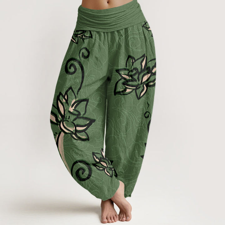Pantaloni harem da donna con elastico in vita, in cotone, casual, motivo: Buddha Stones Lotus e nuvole di buon auspicio - Verdemare medio - US22, UK/AU26, EU54 (6XL) - image 0