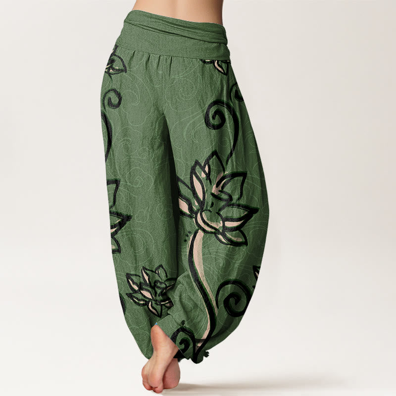 Pantaloni harem da donna con elastico in vita, in cotone, casual, motivo: Buddha Stones Lotus e nuvole di buon auspicio - image 1