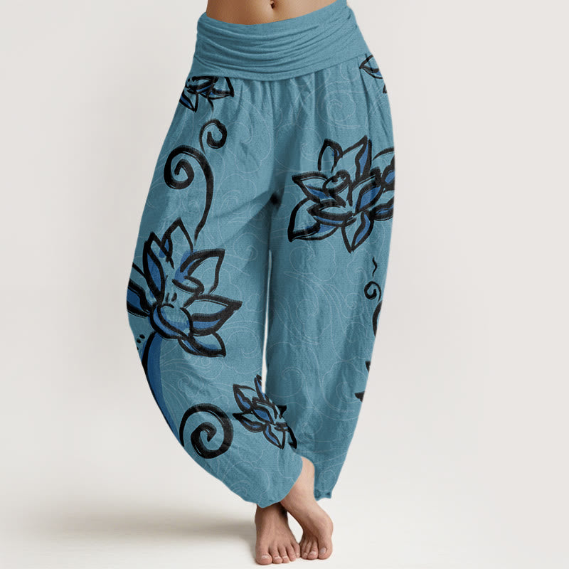 Pantaloni harem elastici in vita da donna con motivo Buddha Stones Casual Lotus Auspicious Clouds - Turchese medio - US22, UK/AU26, EU54 (6XL) - image 4