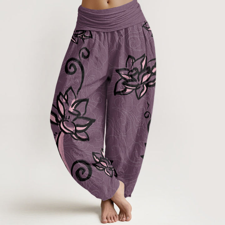 Pantaloni harem elastici in vita da donna con motivo Buddha Stones Casual Lotus Auspicious Clouds - Magenta scuro - US22, UK/AU26, EU54 (6XL) - image 8