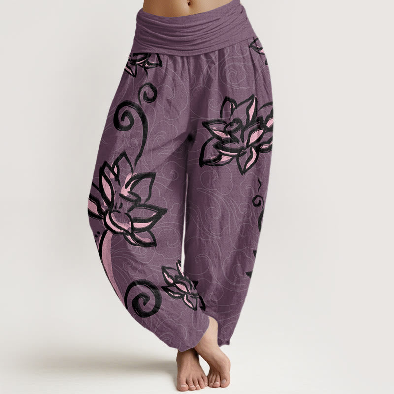Pantaloni harem da donna con elastico in vita, in cotone, casual, motivo: Buddha Stones Lotus e nuvole di buon auspicio - Magenta scuro - US22, UK/AU26, EU54 (6XL) - image 7