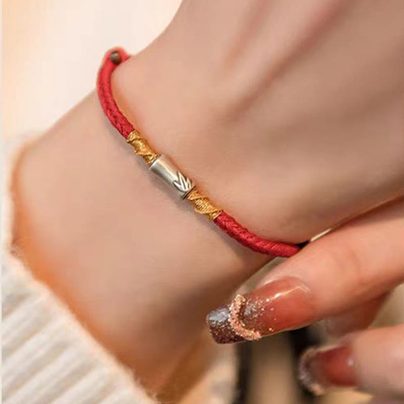 Braccialetto intrecciato con corda rossa portafortuna in argento sterling 925 fatto a mano con motivo in bambù , Buddha Stones
