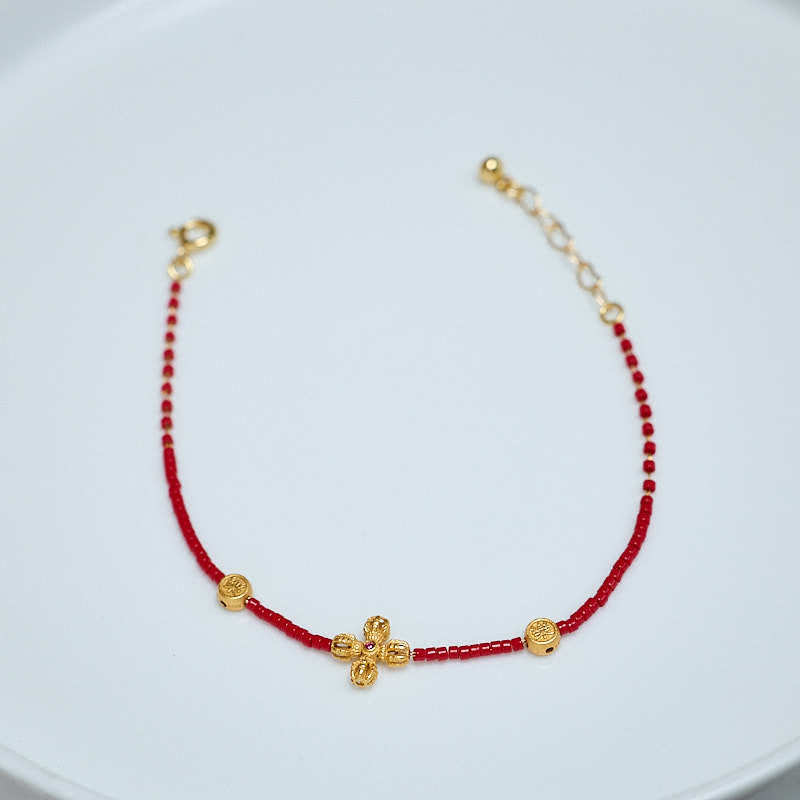 Braccialetto Buddha Stones in argento sterling 925 placcato oro 24k con perline di vetro Liuli PiXiu, quadrifoglio, gioia e felicità