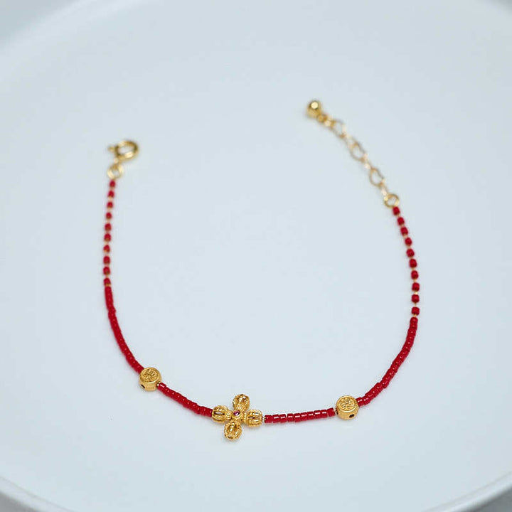 Braccialetto Buddha Stones in argento sterling 925 placcato oro 24k con perline di vetro Liuli PiXiu, quadrifoglio, gioia e felicità
