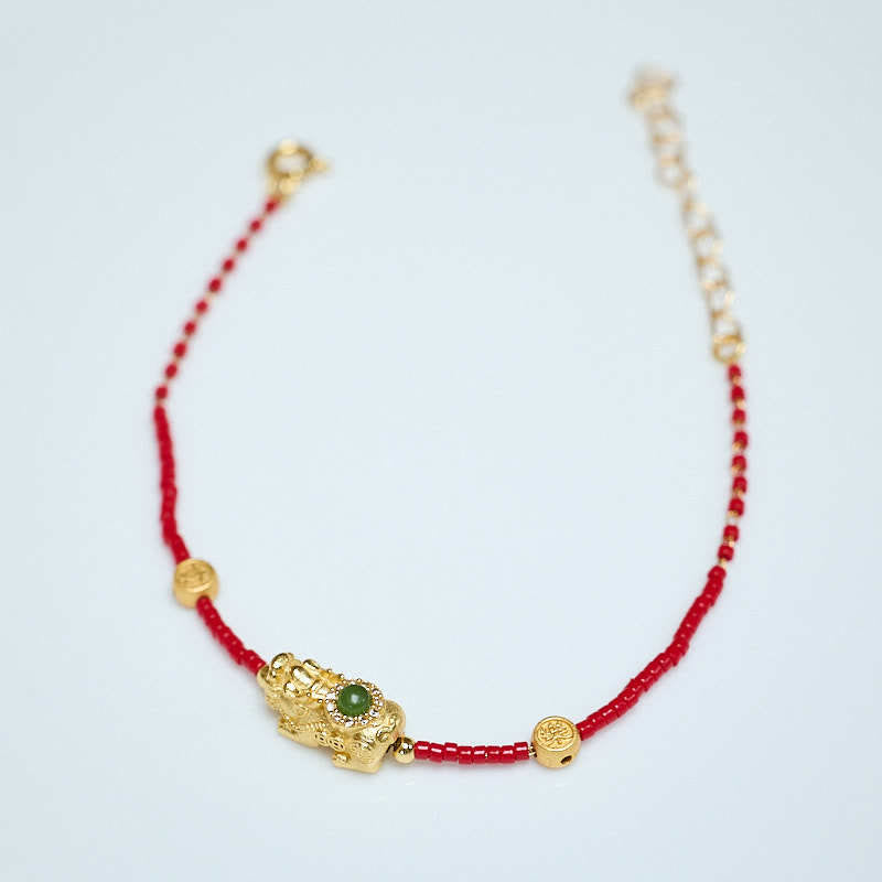 Braccialetto Buddha Stones in argento sterling 925 placcato oro 24k con perline di vetro Liuli PiXiu, quadrifoglio, gioia e felicità