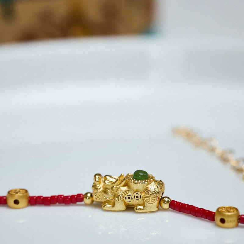Braccialetto Buddha Stones in argento sterling 925 placcato oro 24k con perline di vetro Liuli PiXiu, quadrifoglio, gioia e felicità