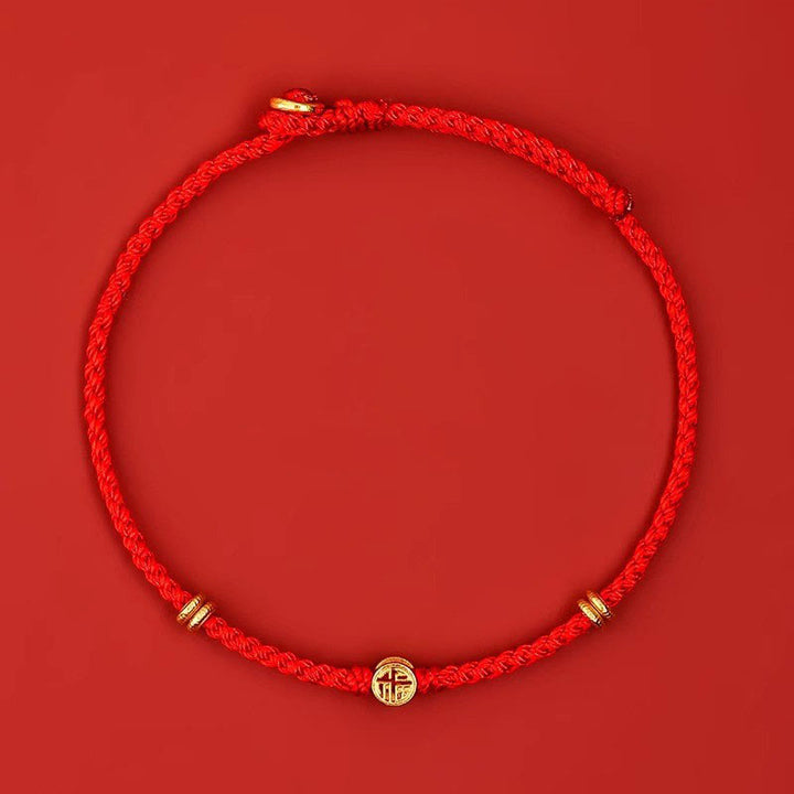 Braccialetto portafortuna Fu in argento sterling 925 con cordino rosso intrecciato fatto a mano con Buddha Stones