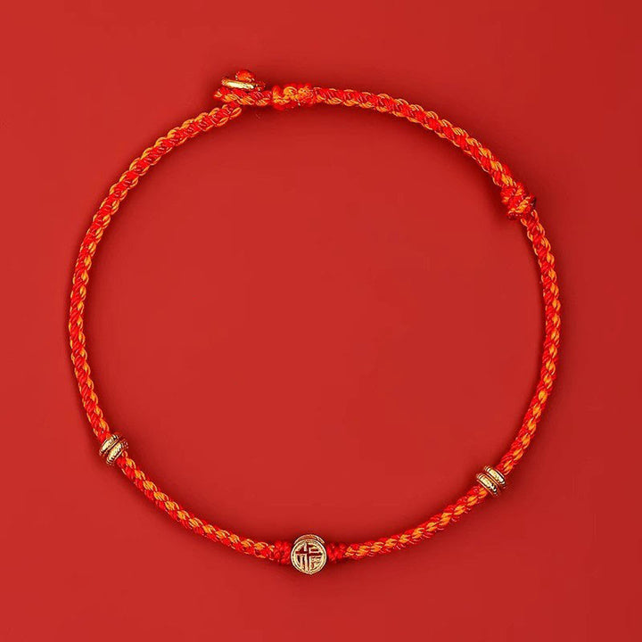 Braccialetto portafortuna Fu in argento sterling 925 con cordino rosso intrecciato fatto a mano con Buddha Stones