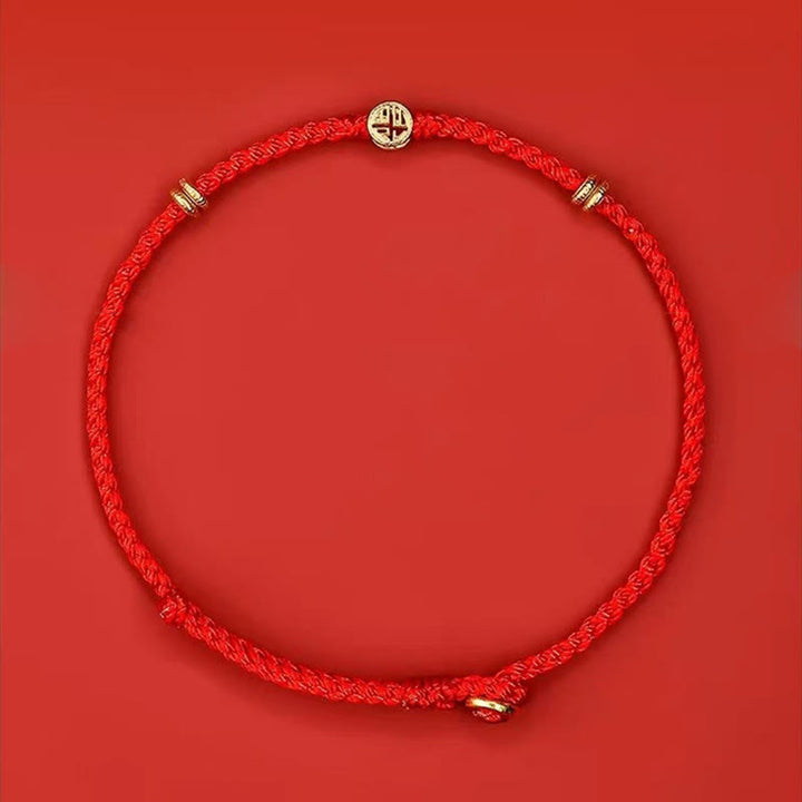 Braccialetto portafortuna Fu in argento sterling 925 con cordino rosso intrecciato fatto a mano con Buddha Stones