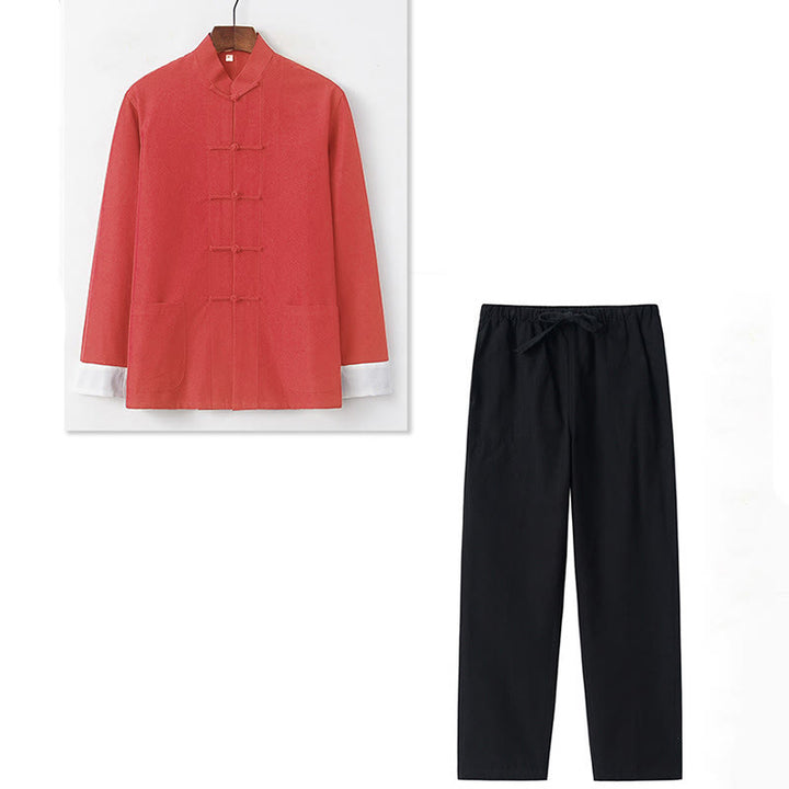 Buddha Stones 2 pezzi autunno uomo Tang Suit Frog-Bottone cotone manica lunga camicia pantaloni set - image 12