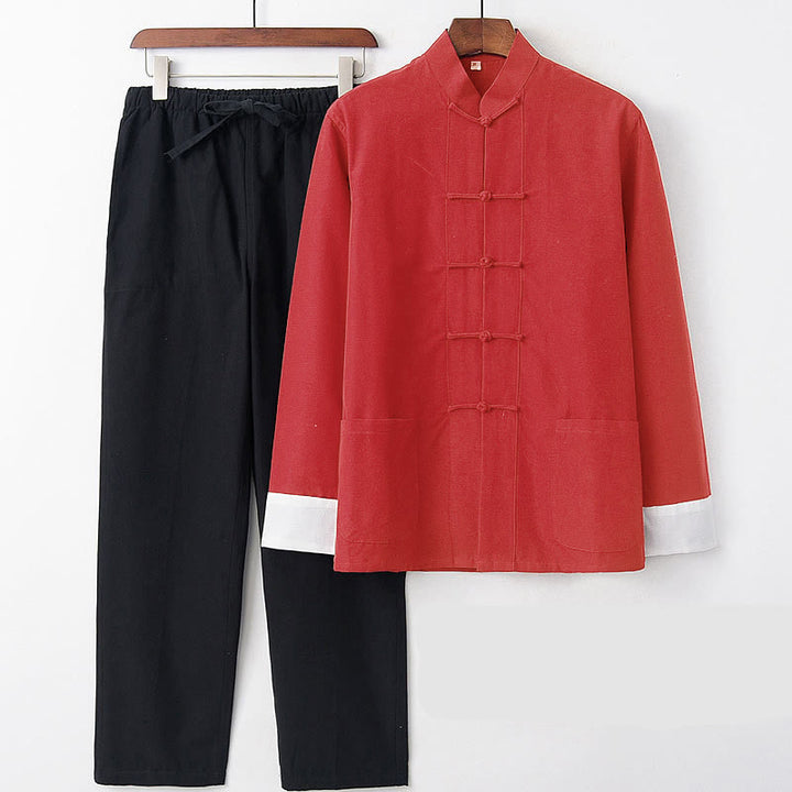 Buddha Stones 2 pezzi autunno uomo Tang Suit Frog-Bottone cotone manica lunga camicia pantaloni set
