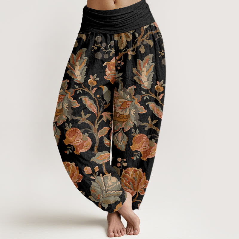 Pantaloni harem elastici in vita da donna con motivo Buddha Stones Casual Blooming Flowers Buds Design - Nero - US22, UK/AU26, EU54 (6XL) - image 1