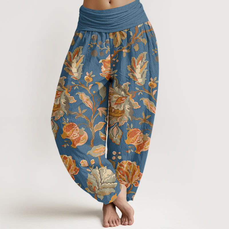 Pantaloni harem elastici in vita da donna con motivo Buddha Stones Casual Blooming Flowers Buds Design - FiordalisoBlu - US22, UK/AU26, EU54 (6XL) - image 7