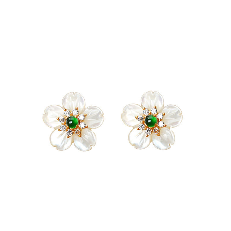 Orecchini Buddha Stones in argento sterling 925 con pietra Tridacna e fiori di giada