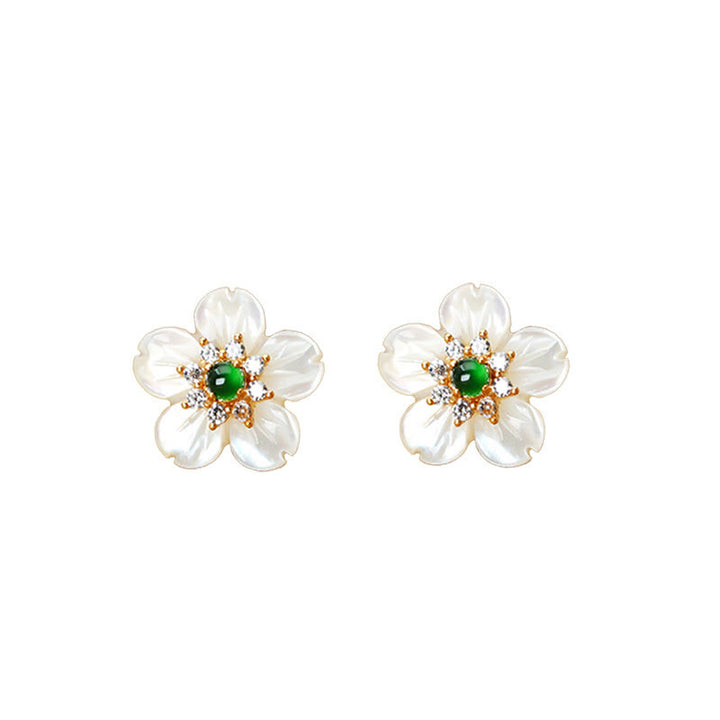 Orecchini Buddha Stones in argento sterling 925 con pietra Tridacna e fiori di giada