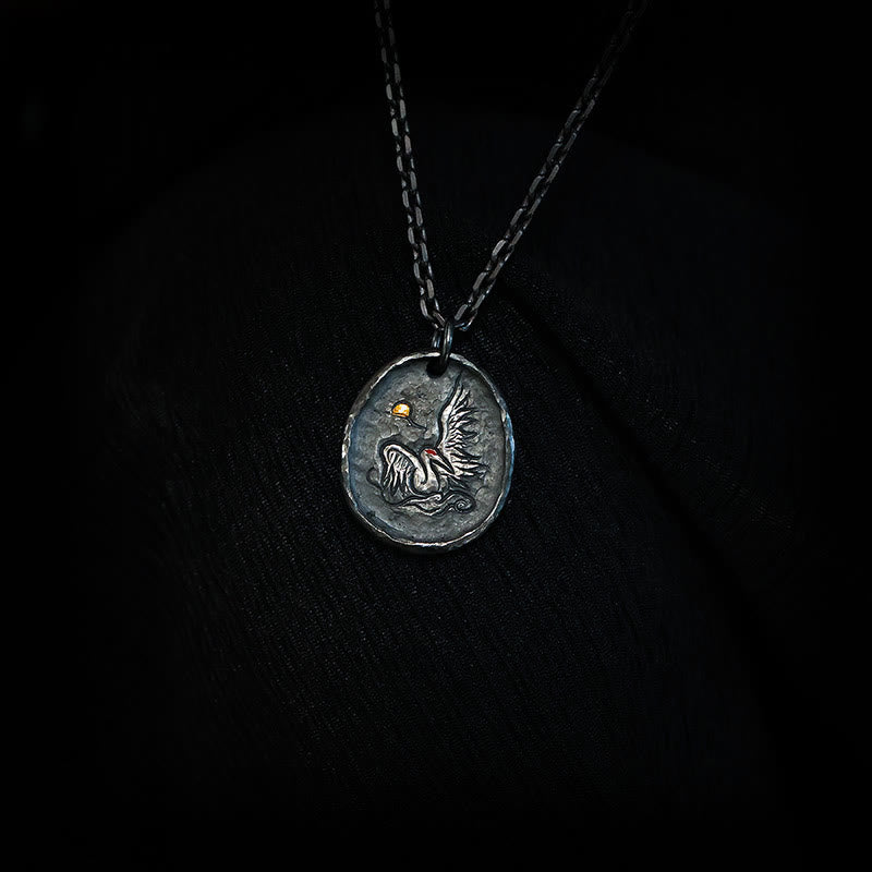 Collana pendente con ciondolo a forma di gru con nuvole di buon auspicio, in argento Buddha Stones 999 e oro 24k