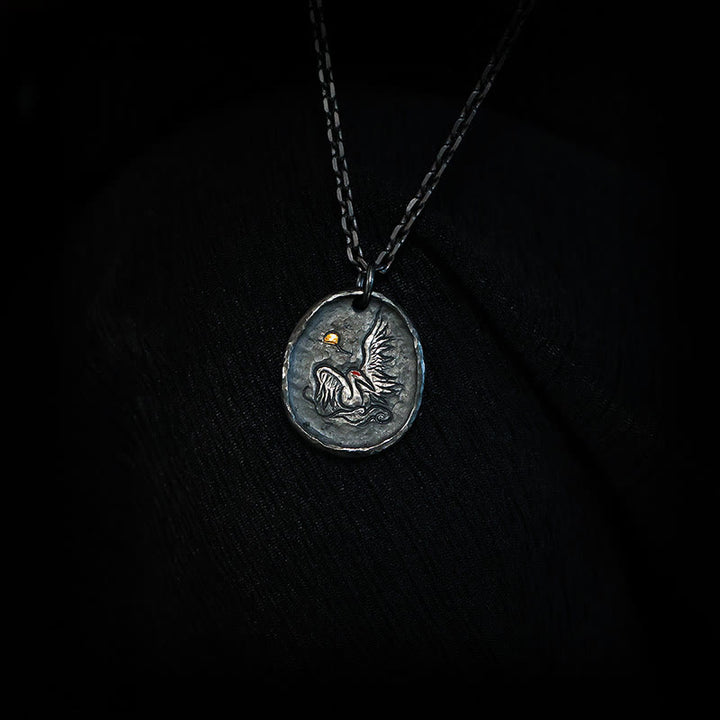 Collana pendente con ciondolo a forma di gru con nuvole di buon auspicio, in argento Buddha Stones 999 e oro 24k