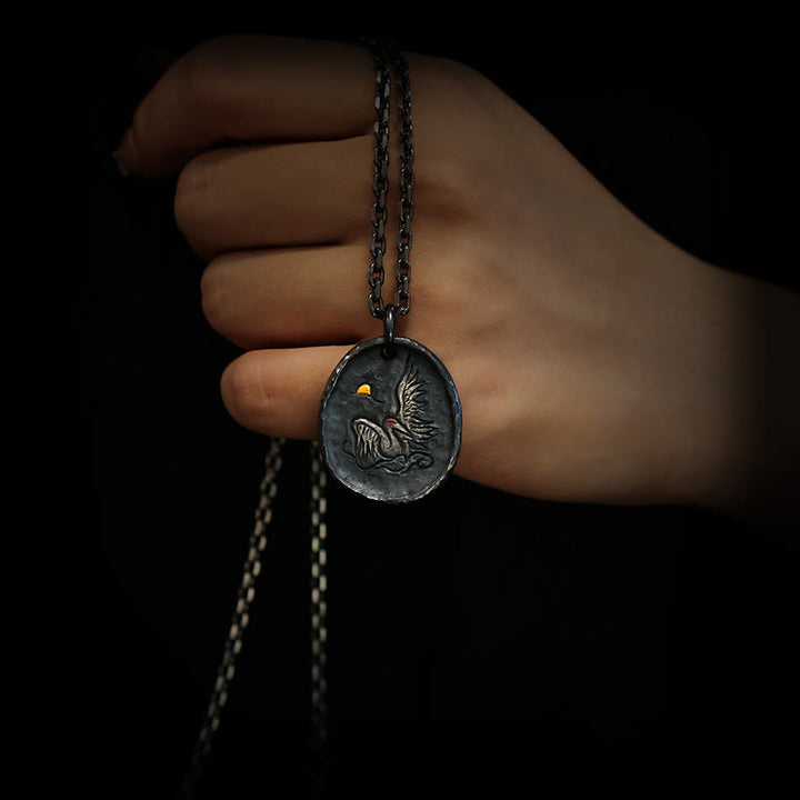 Collana pendente con ciondolo a forma di gru con nuvole di buon auspicio, in argento Buddha Stones 999 e oro 24k